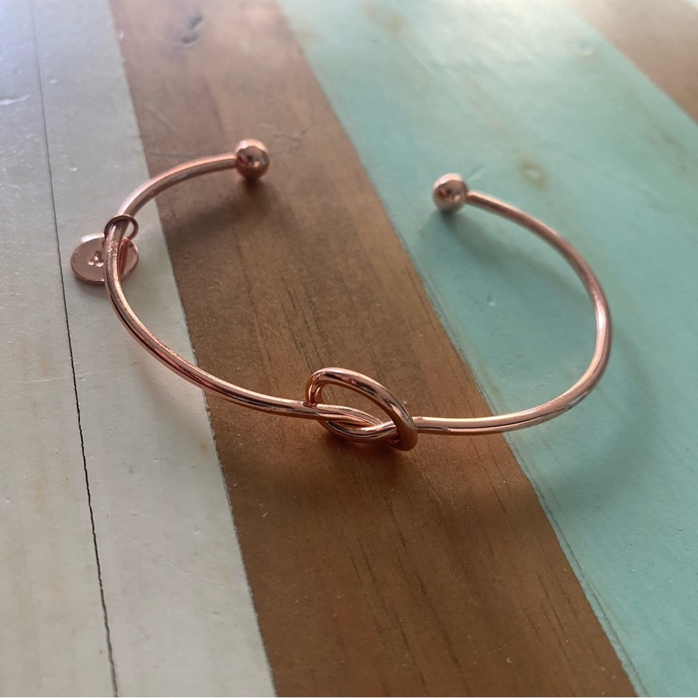‘Tying the knot’ rose gold bangle bracelet gift for bride or bridesmaid